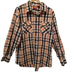 IZOD Men’s Plaid XL Ling Sleeve Button Down Shirt Blue and Orange 100% Cotton